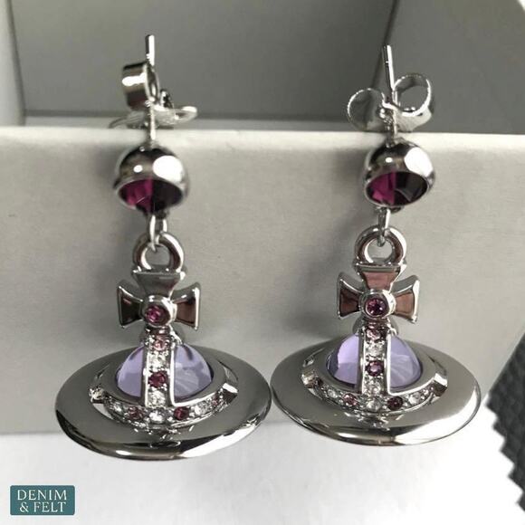 Vivienne Westwood Mayfair Orb Drop Earrings Silver Lilac Crystal Set NEW - Picture 4 of 10